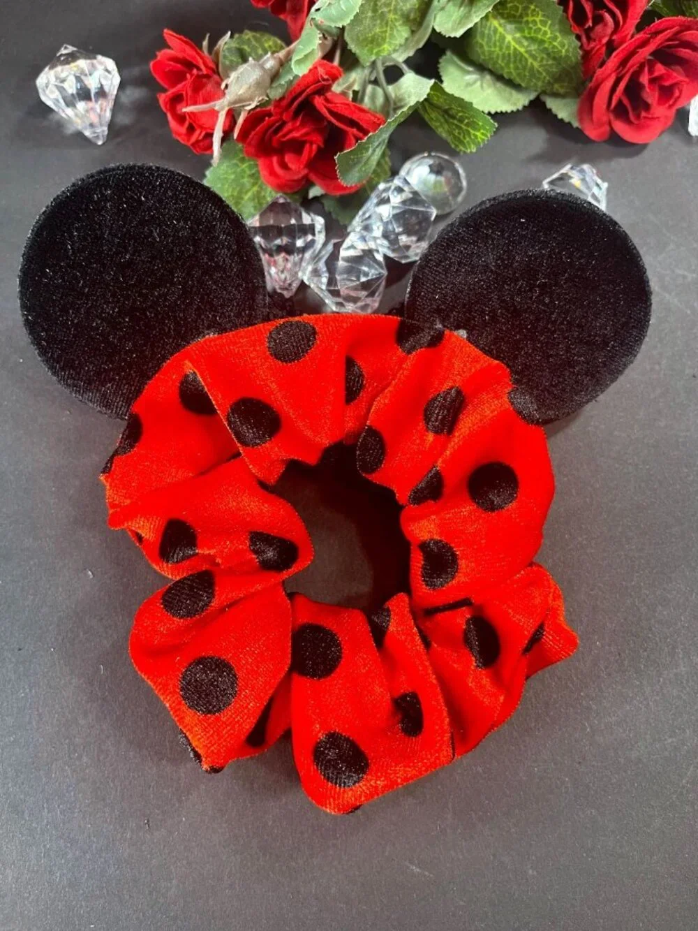 Minnie Mouse Hair Scrunchies Polka Dot Hair Rubber Band Velvet Ears Sequins